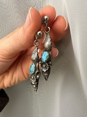 Sterling Silver Turquoise Drop Earrings - Blue Floral Design